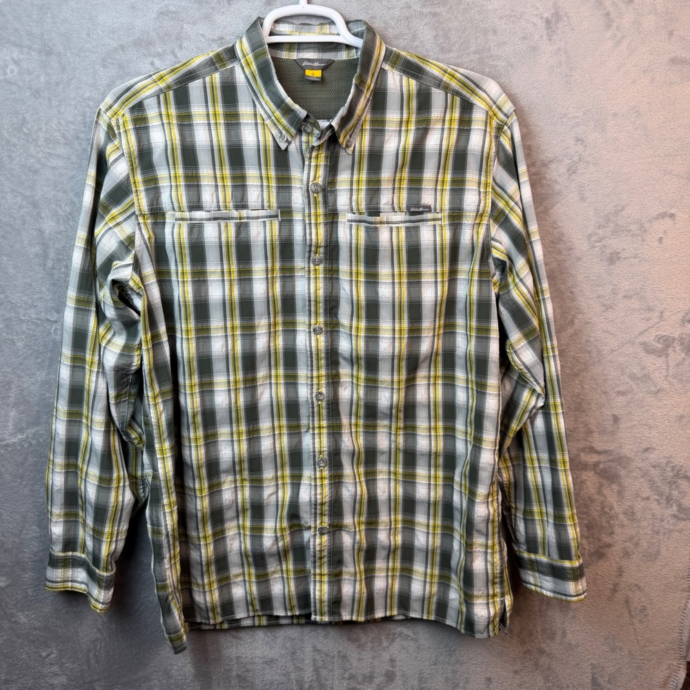 Eddie Bauer Mens Large Long Sleeve Plaid Button Down Shirt Grey Yellow Hiking‎